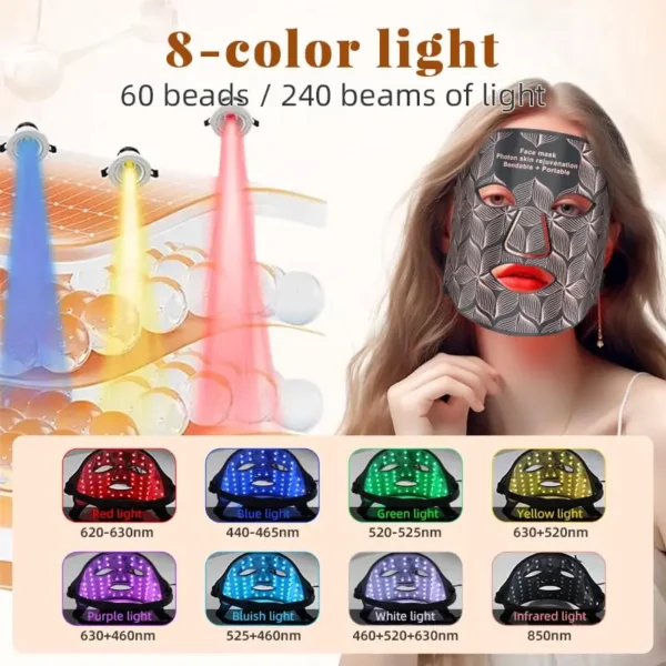 8 Colors Facial LED Mask with Neck Red Light Near Infrared Therapy Beauty Mask Anti Aging Skin Rejuvenation Lifting Whitening - Image 3
