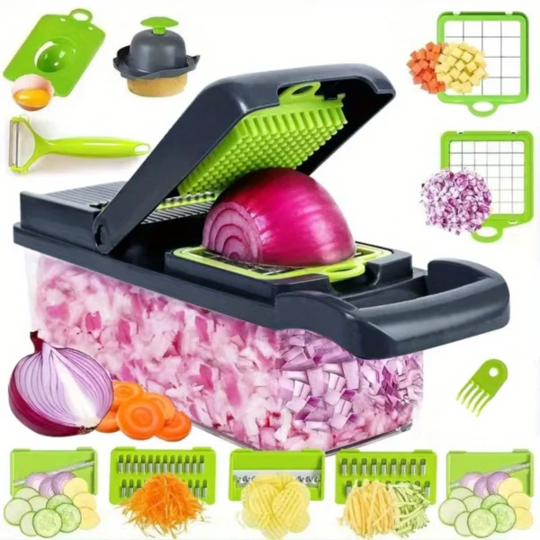 Multifunctional, Robust Vegetable Chopper & Fruit Slicer Set - Manual Food Cutter with Container, Efficient Onion Mincer, Potato