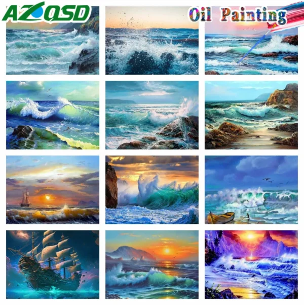 AZQSD Oil Painting By Numbers Set Sea Landscape Framed Art Picture Drawing On Canvas 40X50cm Wave Handmade Home Decor Wall
