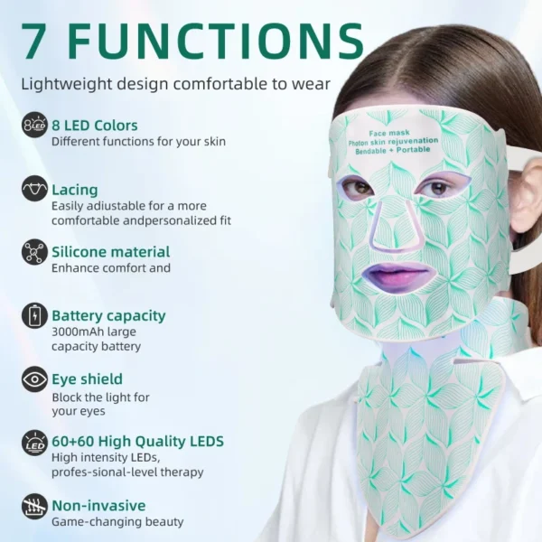 8 Colors Facial LED Mask with Neck Red Light Near Infrared Therapy Beauty Mask Anti Aging Skin Rejuvenation Lifting Whitening - Image 6