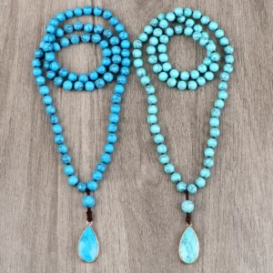 Bohemian Blue Pine Stone Beaded Necklace Handmade Knotted Charm Matching Drop Pendant Necklaces Bangles Women Men Jewelry Gifts
