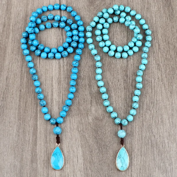 Bohemian Blue Pine Stone Beaded Necklace Handmade Knotted Charm Matching Drop Pendant Necklaces Bangles Women Men Jewelry Gifts