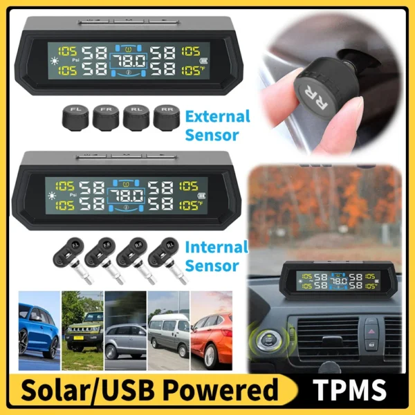 External/Internal Sensor TPMS Waterproof Digital Display Tire Pressure Monitoring System Wireless Solar/USB Powered 4 Sensors