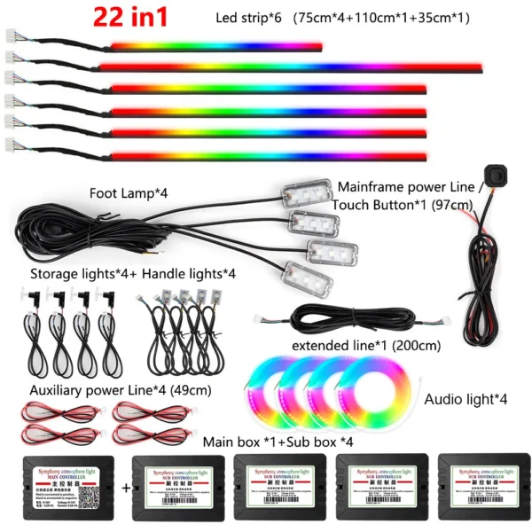 22in1 Symphony Car Ambient Light RGB 213 Color Universal Car Interior led strip acrylic Backlight Guide Symphony Atmosphere lamp - Image 2