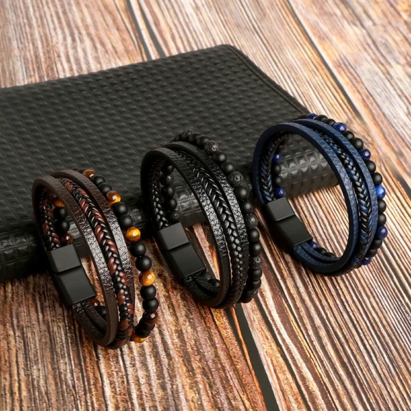 Hot Fashion Beads Leather Bracelet Men Classic Tiger Eye Beaded Multi Layer Leather Bracelet For Men Jewelry 2025 Gift - Image 2