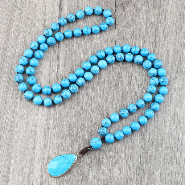 Bohemian Blue Pine Stone Beaded Necklace Handmade Knotted Charm Matching Drop Pendant Necklaces Bangles Women Men Jewelry Gifts - Image 3