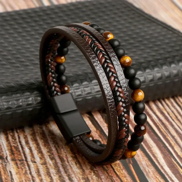 Hot Fashion Beads Leather Bracelet Men Classic Tiger Eye Beaded Multi Layer Leather Bracelet For Men Jewelry 2025 Gift